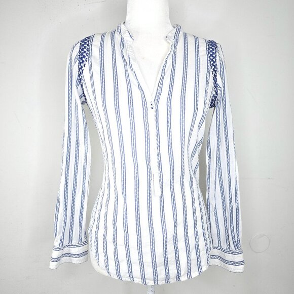 ZARA Blue White Striped Embroidered Coastal Long Sleeve Button Front Top - Picture 1 of 7